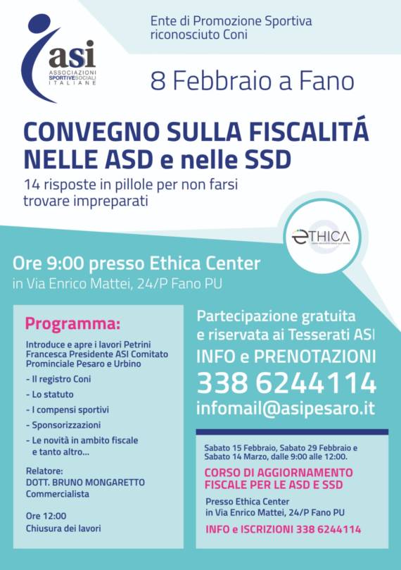 Aggiornamento sulla Fiscalità per ASD/SSD – Sabato 8 Febbraio 2020