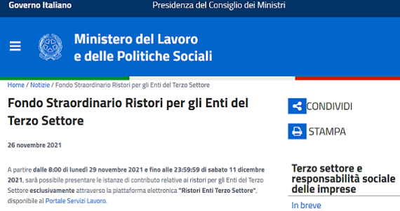 Enti del Terzo Settore. Pubblicato l’avviso per il “Fondo Straordinario Ristori”